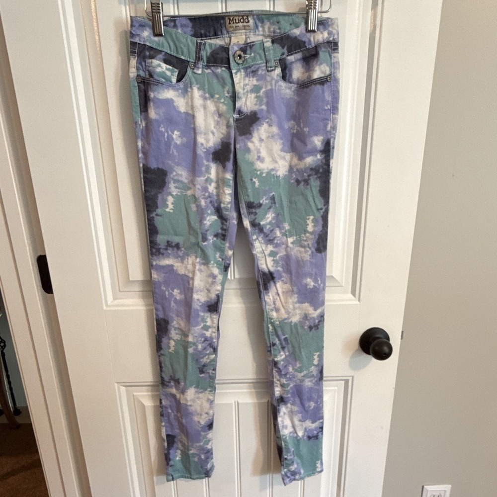 Mudd Women's Juniors Skinny Jeans Tie-Dye Purple Green White Stretch Denim 3